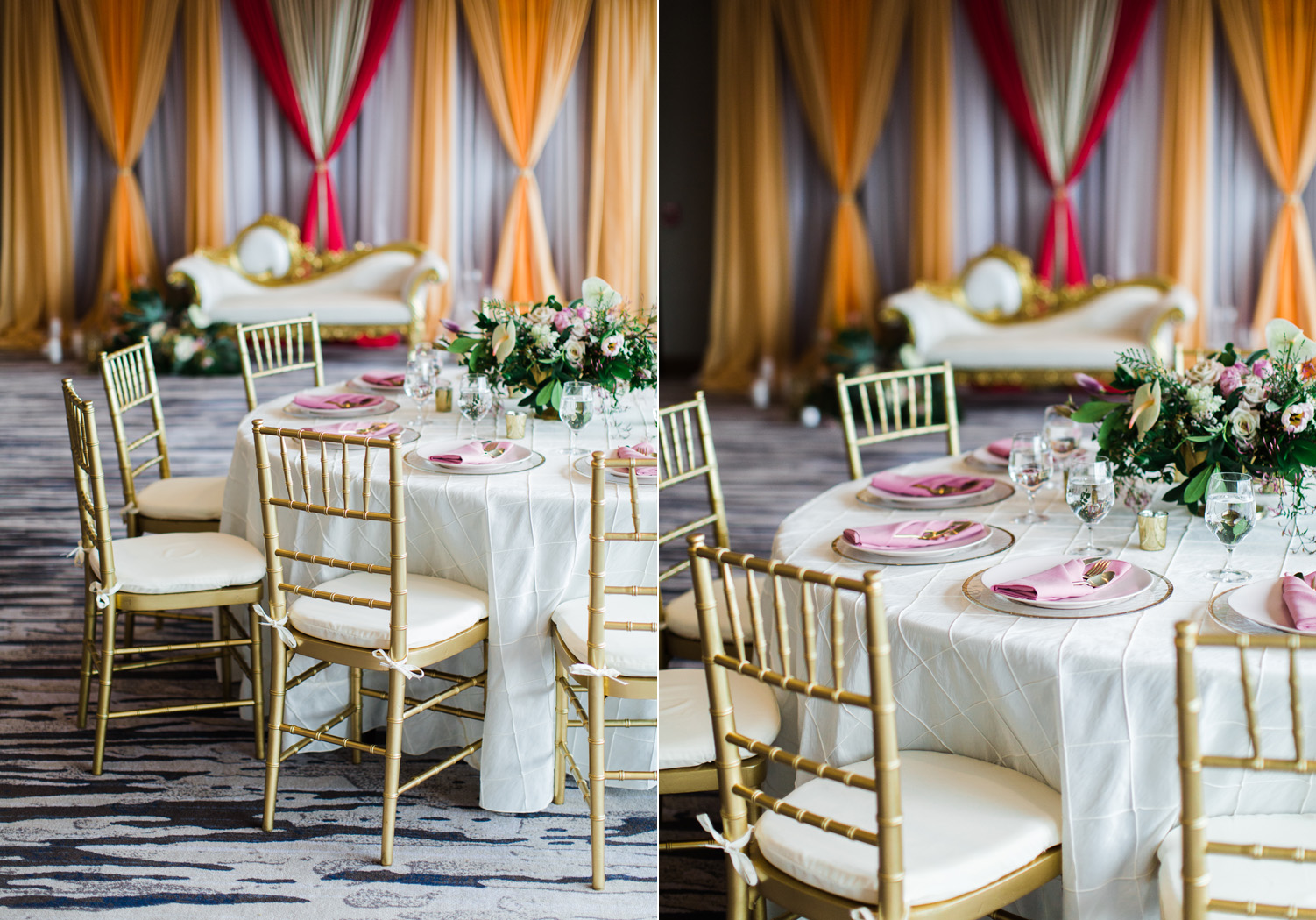 Alexandra Knight Photography Seattle Indian Wedding Photography orange and red mandap with tropical pink table decor.jpg