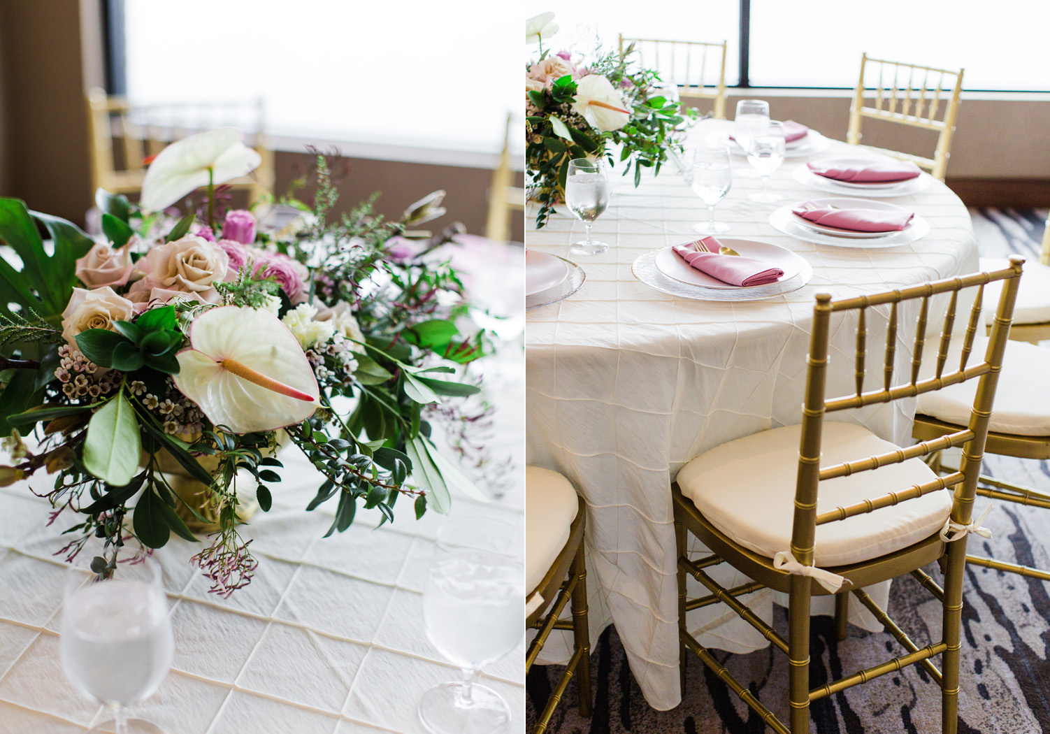 Alexandra Knight Photography Seattle Wedding Photographer tropical centerpiece pink and gold reception table decor.jpg