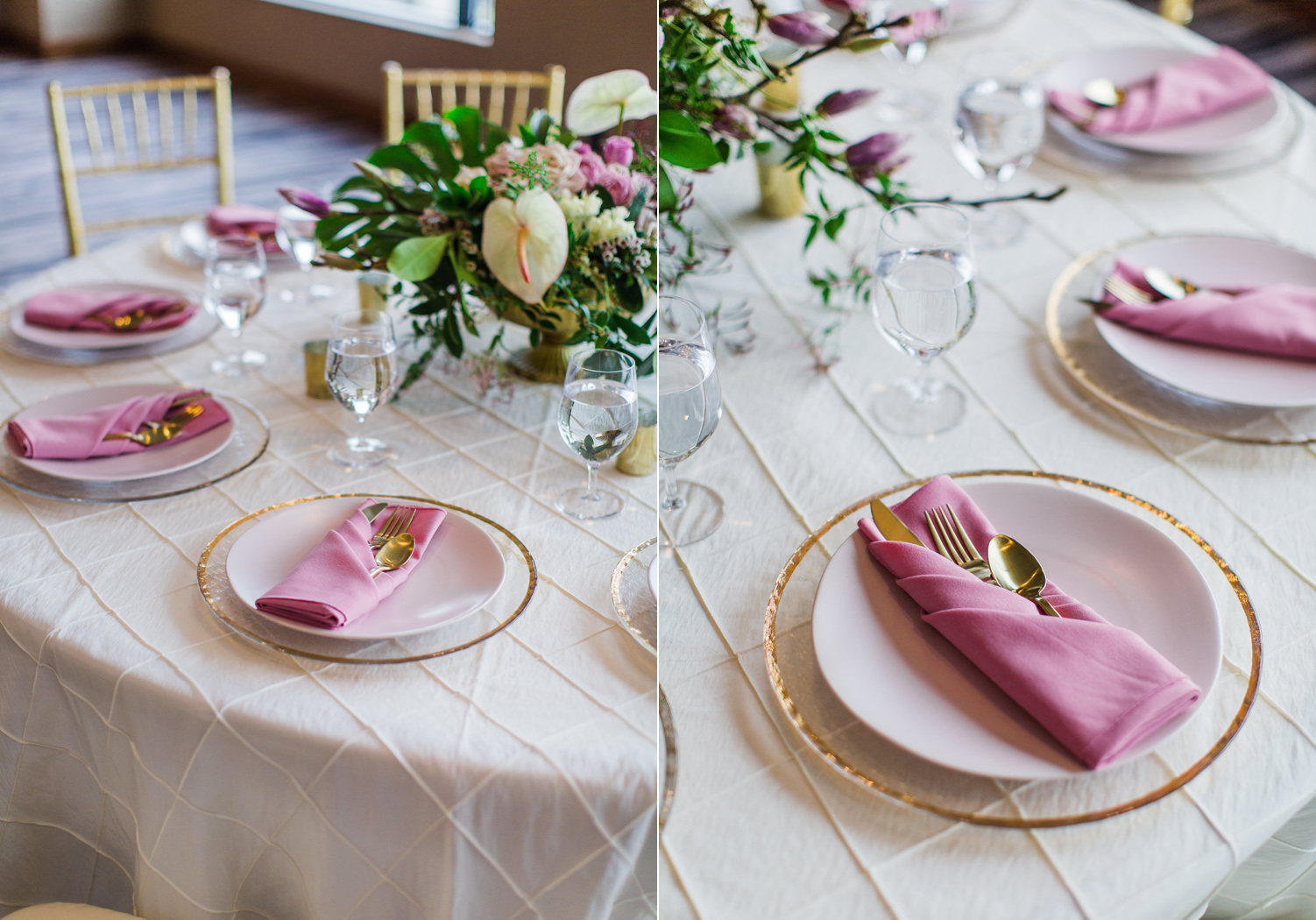 Alexandra Knight Photography Seattle Wedding Photographer Tropical pink and gold reception table decoration.jpg