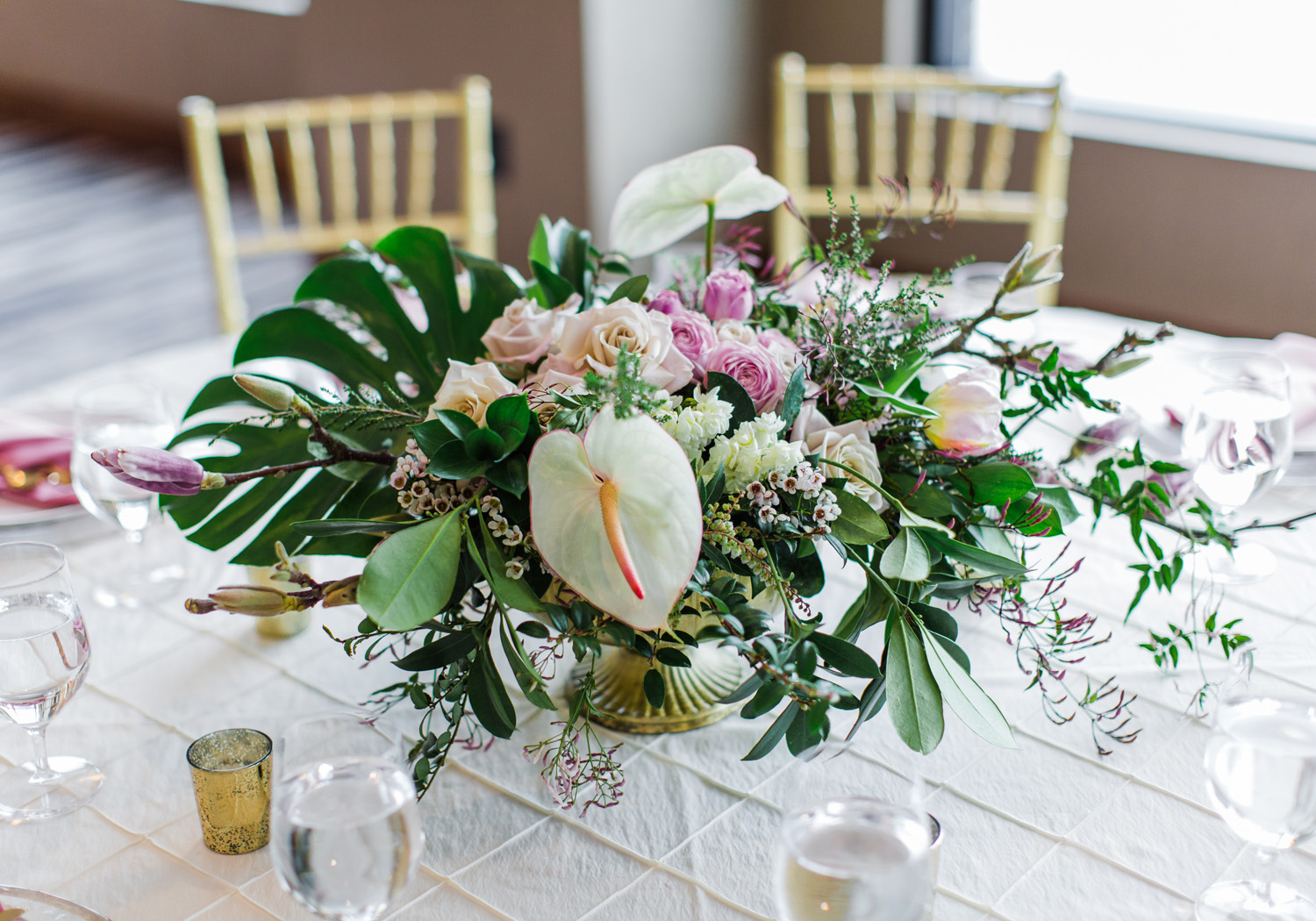 Alexandra Knight Photography Seattle Wedding Photographer tropical and blush pink reception table decoration.jpg