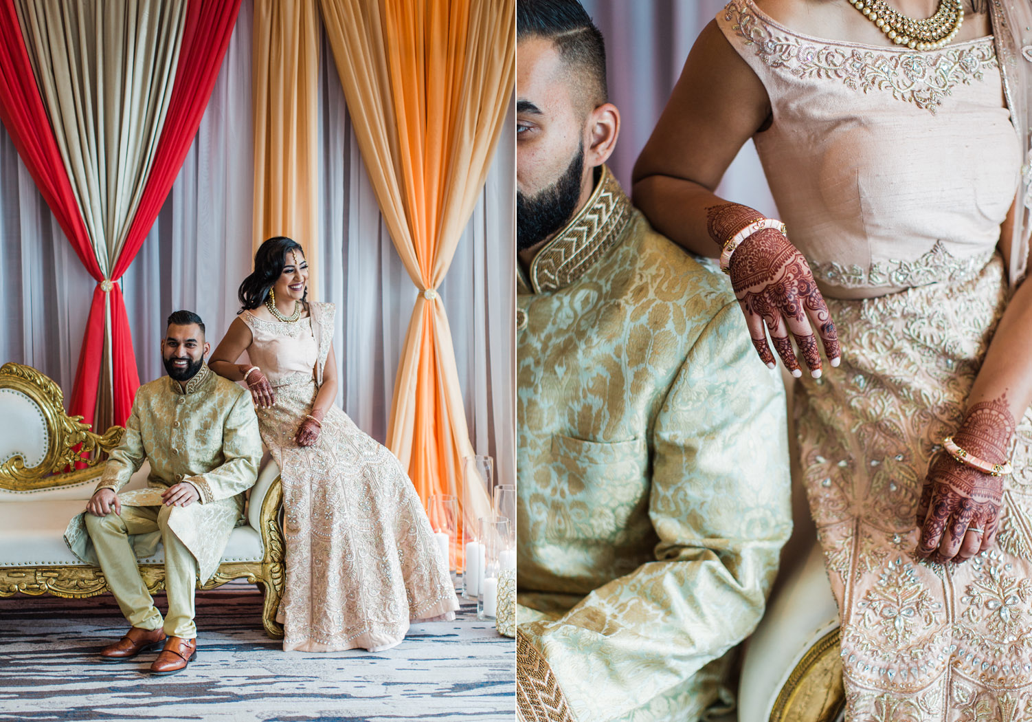 Alexandra Knight Photography Seattle Indian Wedding Photographer bride and groom in gold and blush wedding clothes with orange mandap.jpg