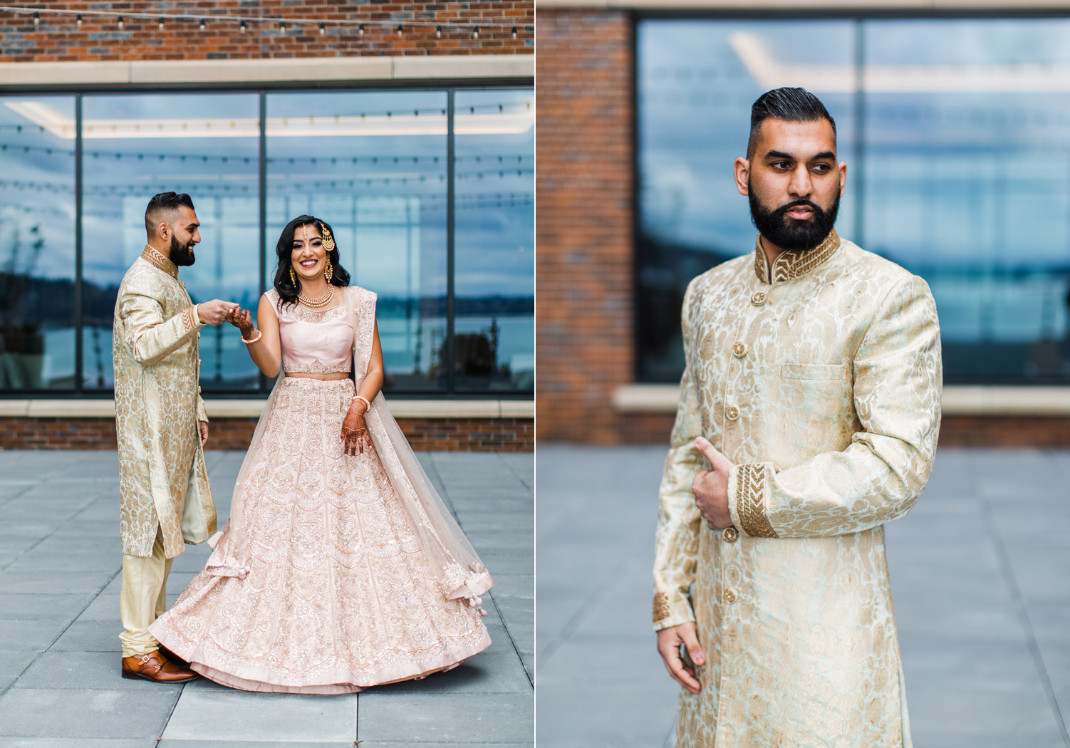 Alexandra Knight Photography Seattle Indian Wedding Photographer bride and groom in gold and blush wedding clothes lehenga.jpg