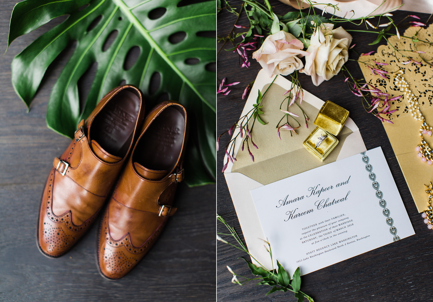 Alexandra Knight Photography Seattle Wedding Photographer gold glitter wedding invitation with grooms shoes.jpg