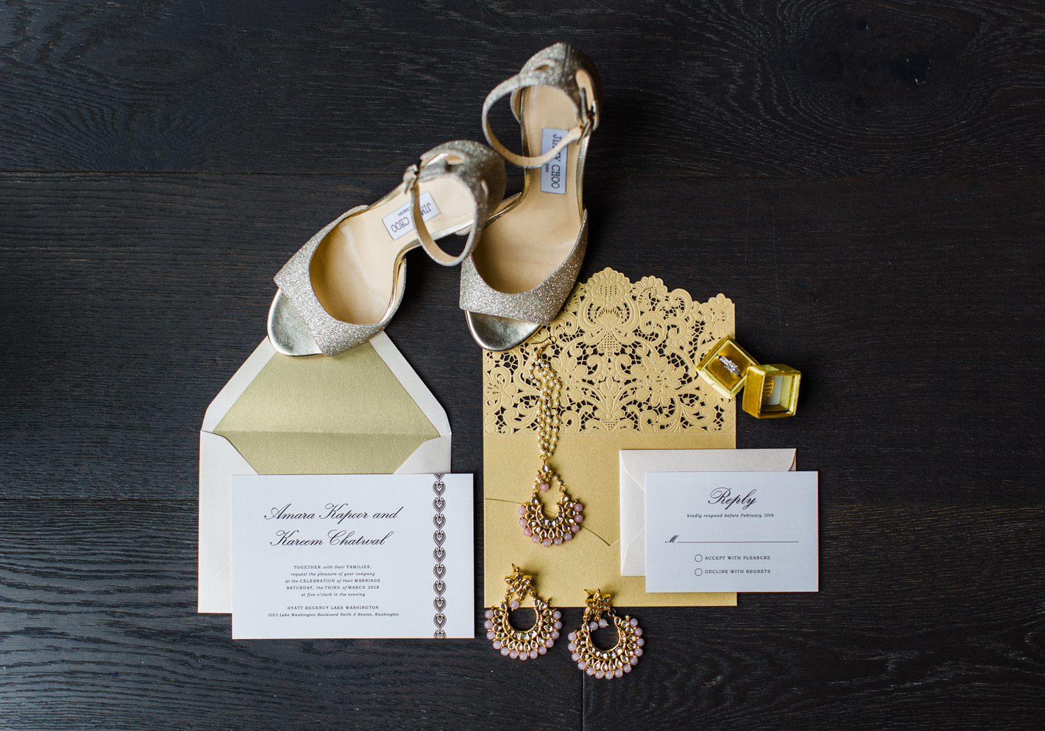 Alexandra Knight Photography gold glitter wedding invitation and jimmy choo shoes.jpg
