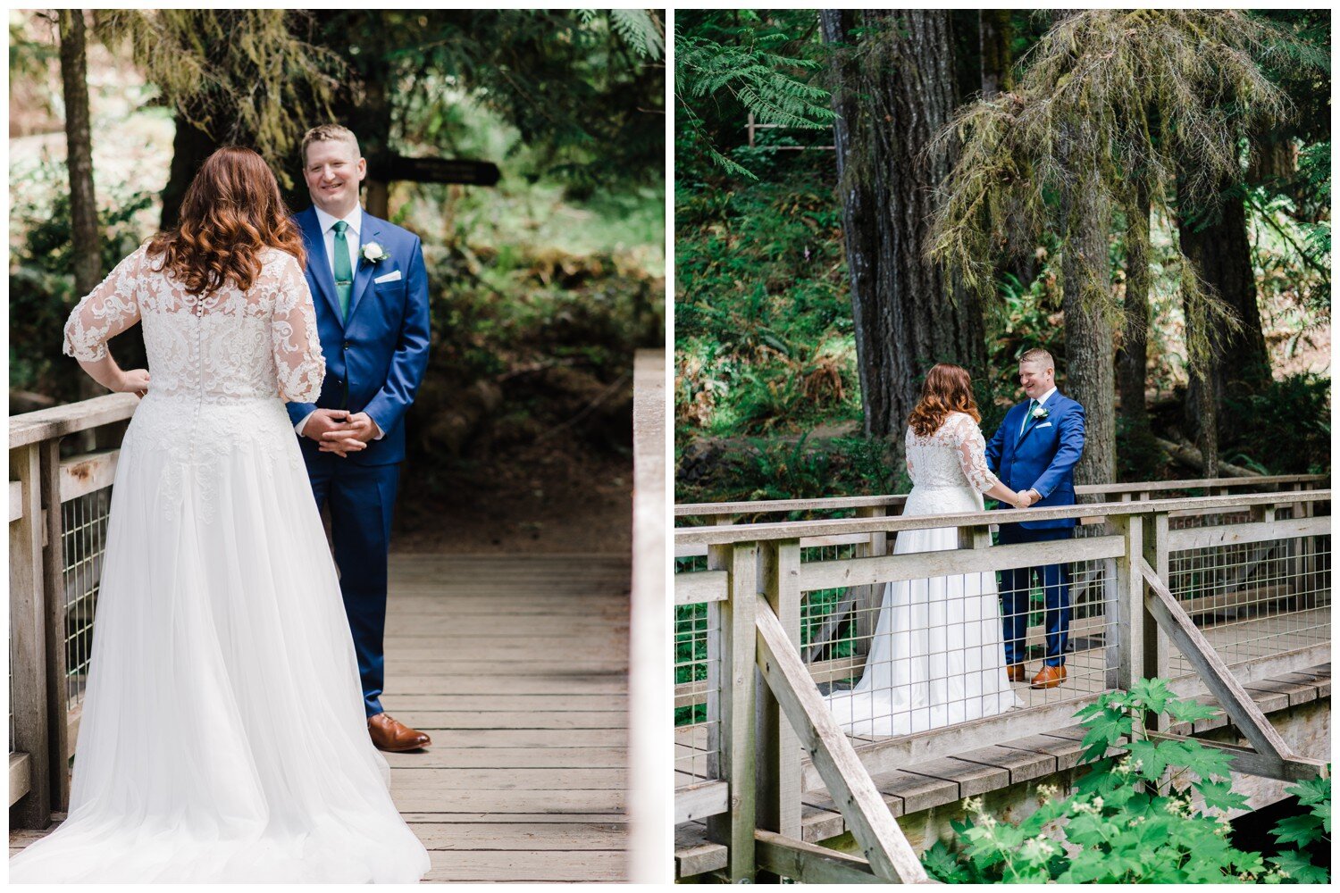 Bride and groom first look in the forest at Alderbrook Resort