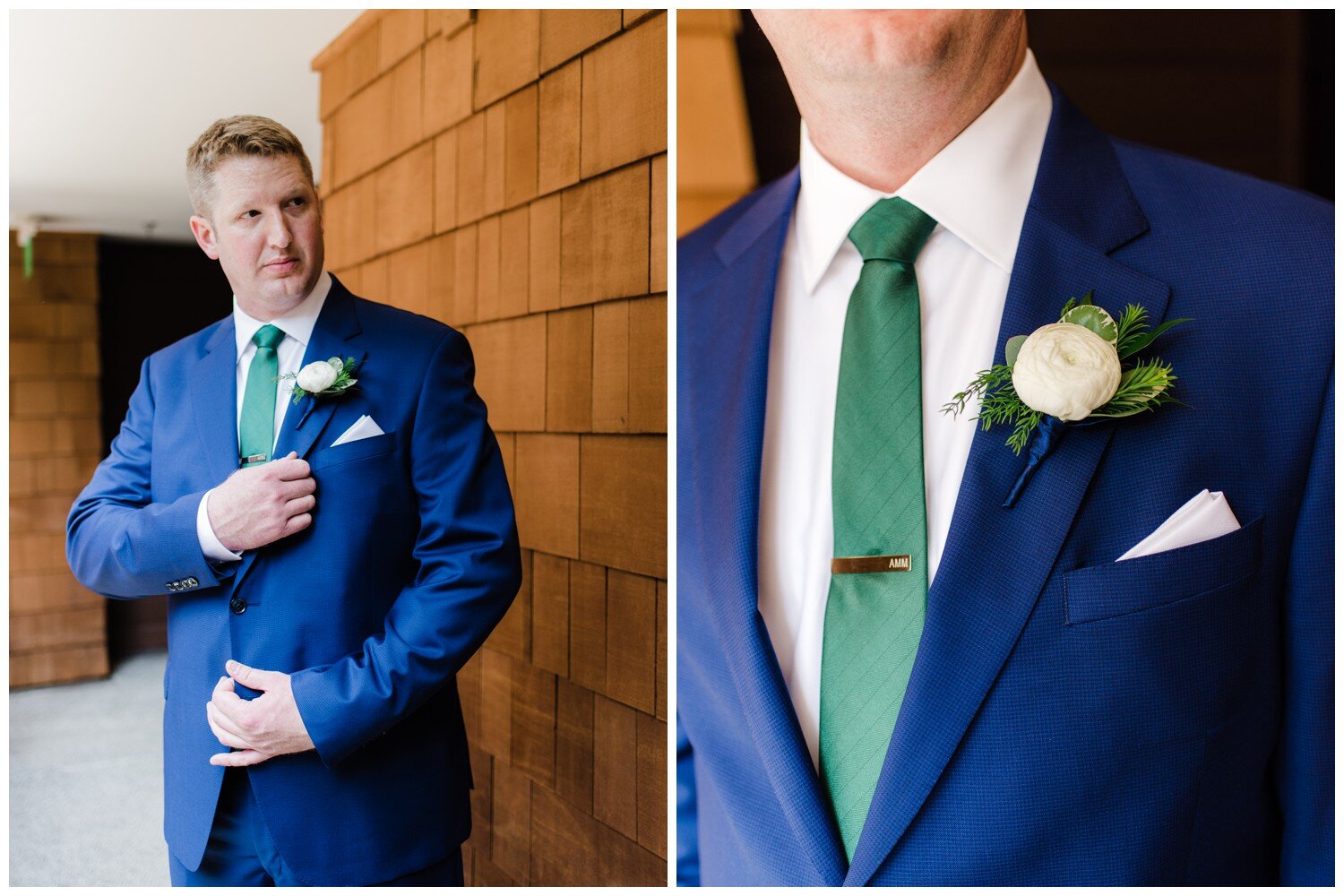 The groom in his royal blue suit at Alderbrook Resort