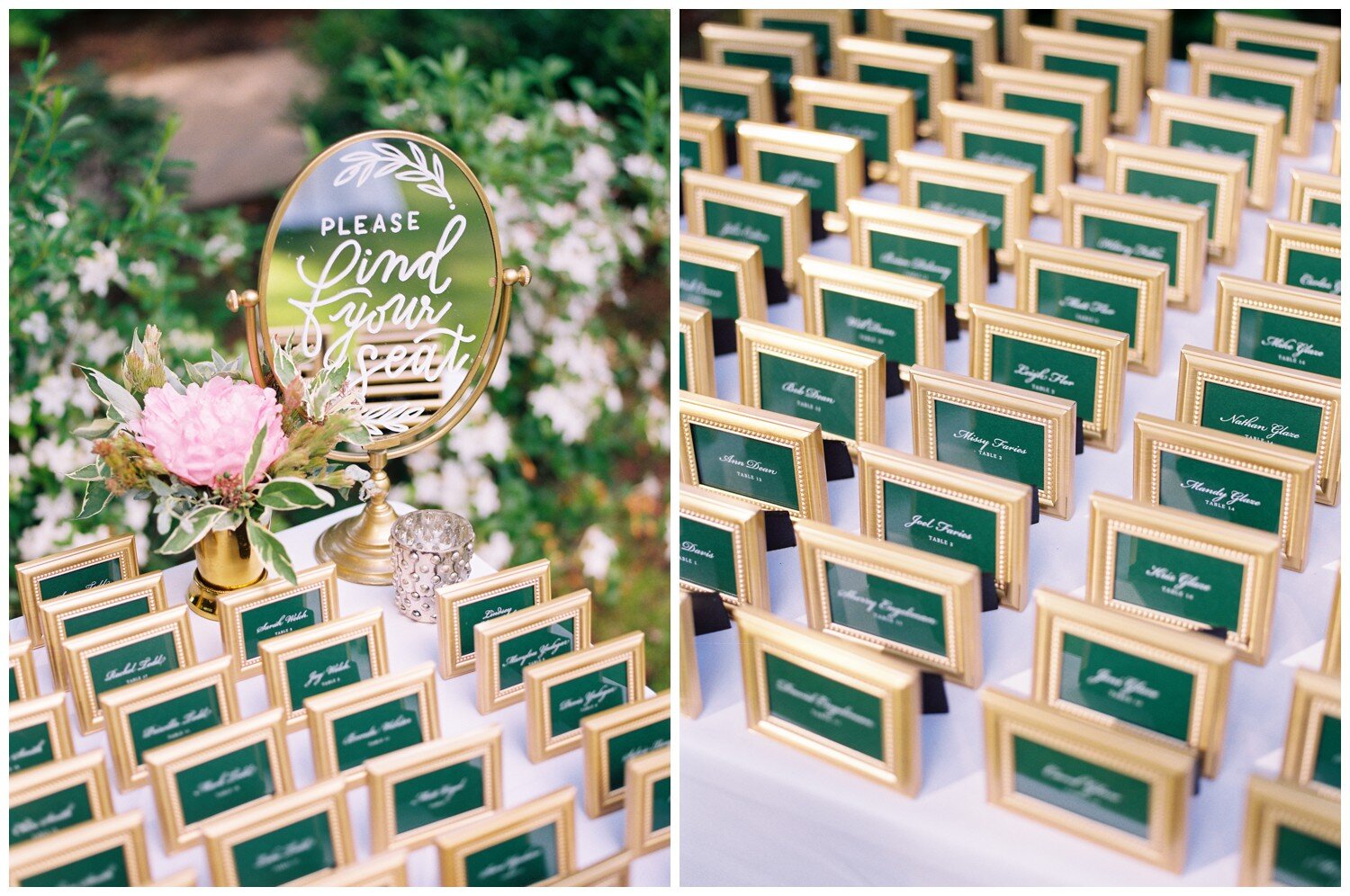 Emerald green escort cards at an Alderbrook Resort wedding