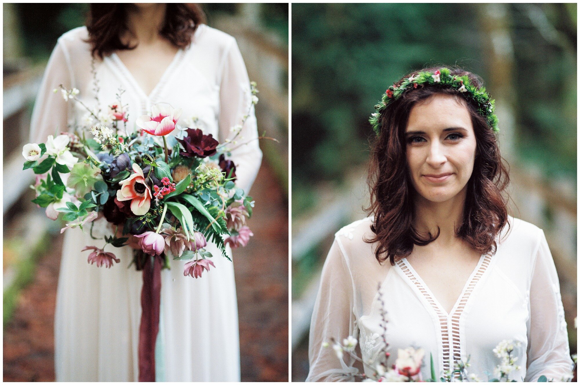 Burgundy and white boho wedding flowers and floral crown at Lake Crescent