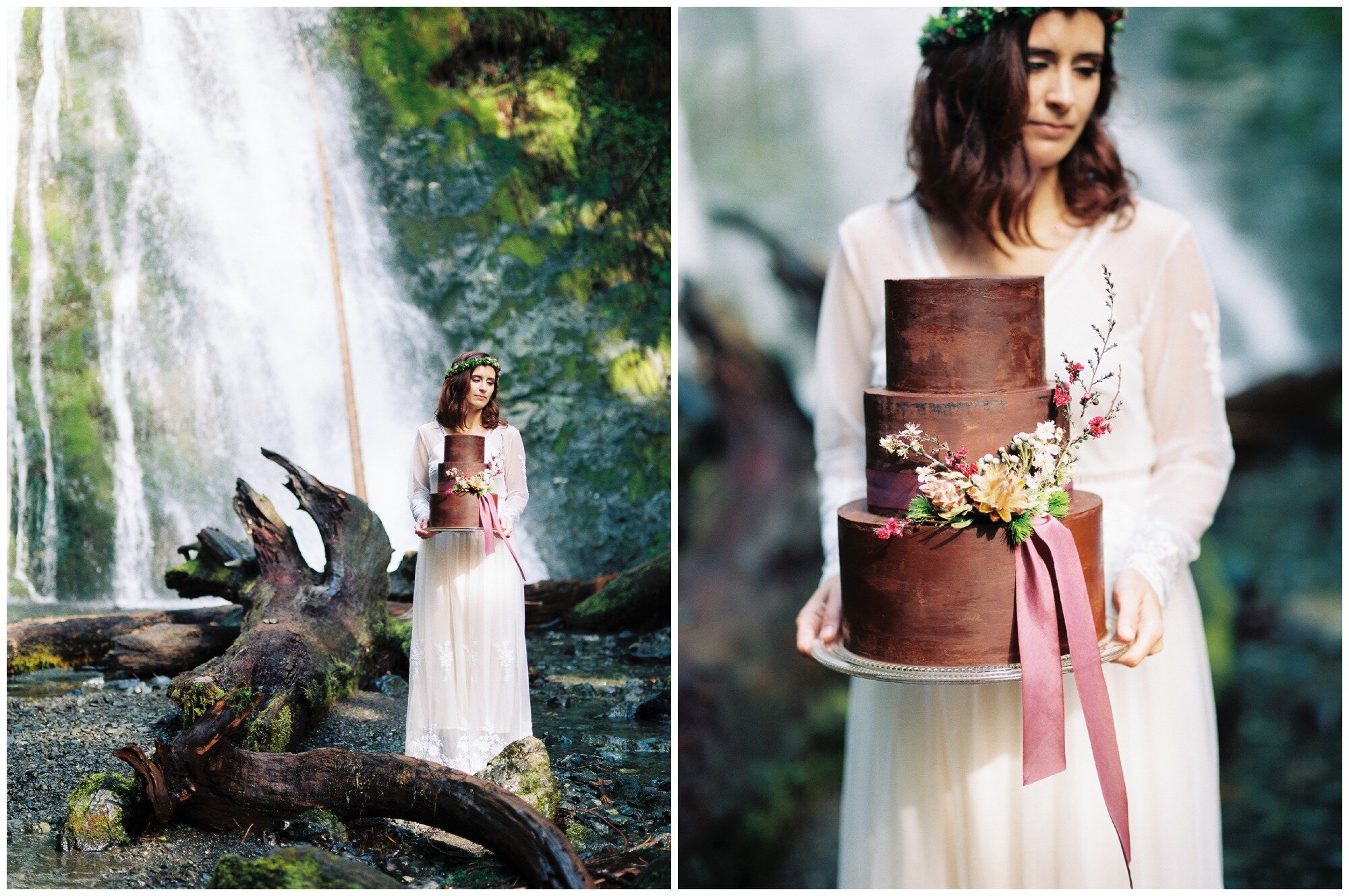 Triple Chocolate tiered wedding cake in Olympic National Park