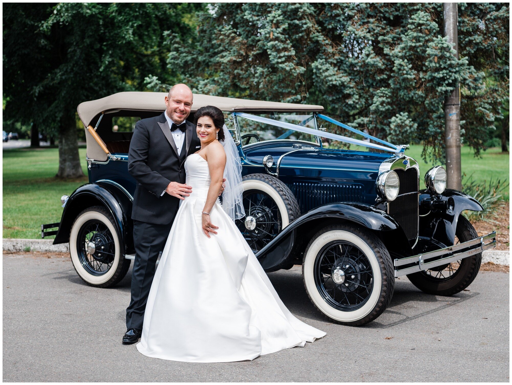 seattle bride and groom with model a vintage car.jpg