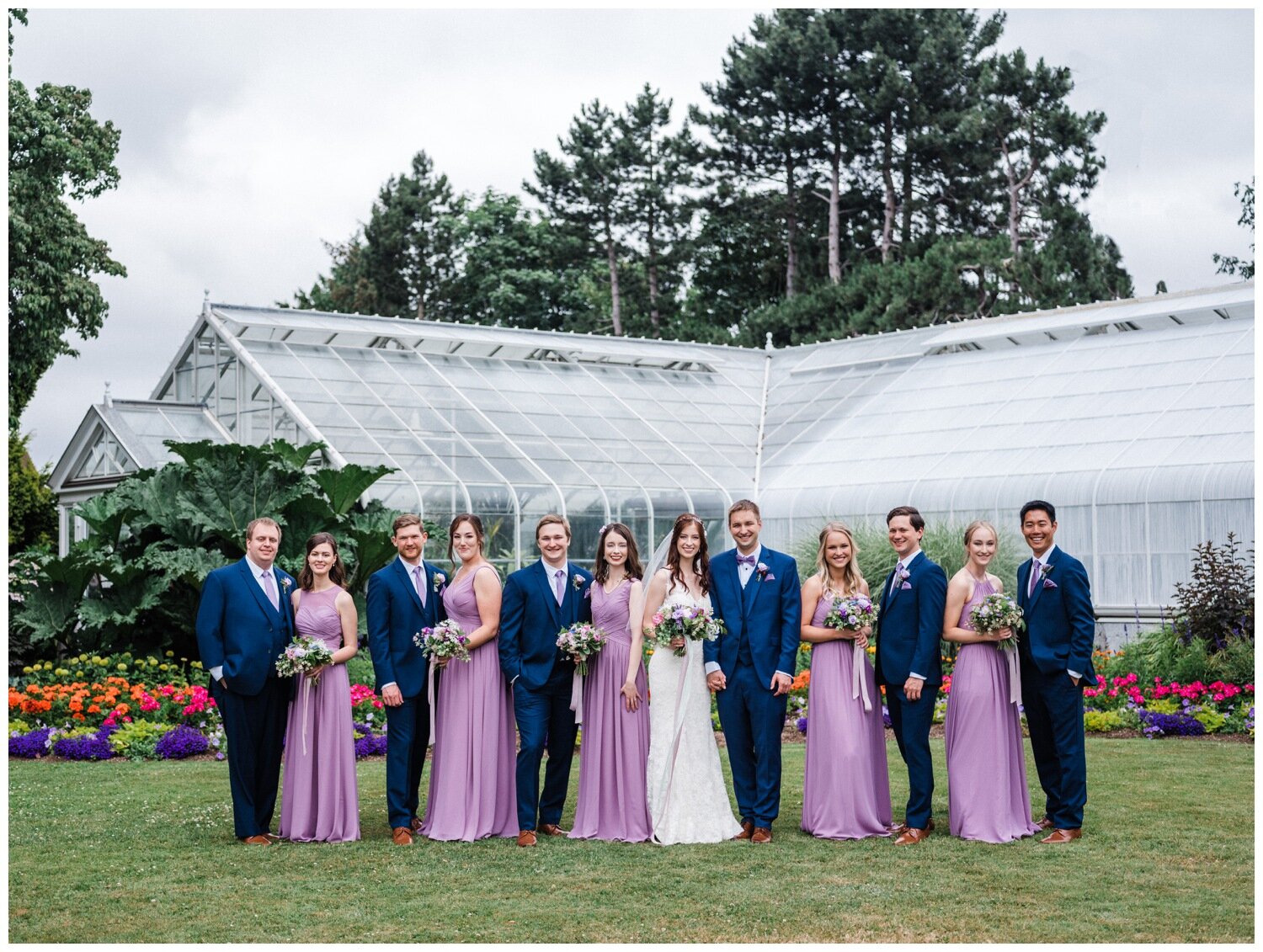 Blue and Purple Wedding Party Photography at the Volunteer Park Conservatory