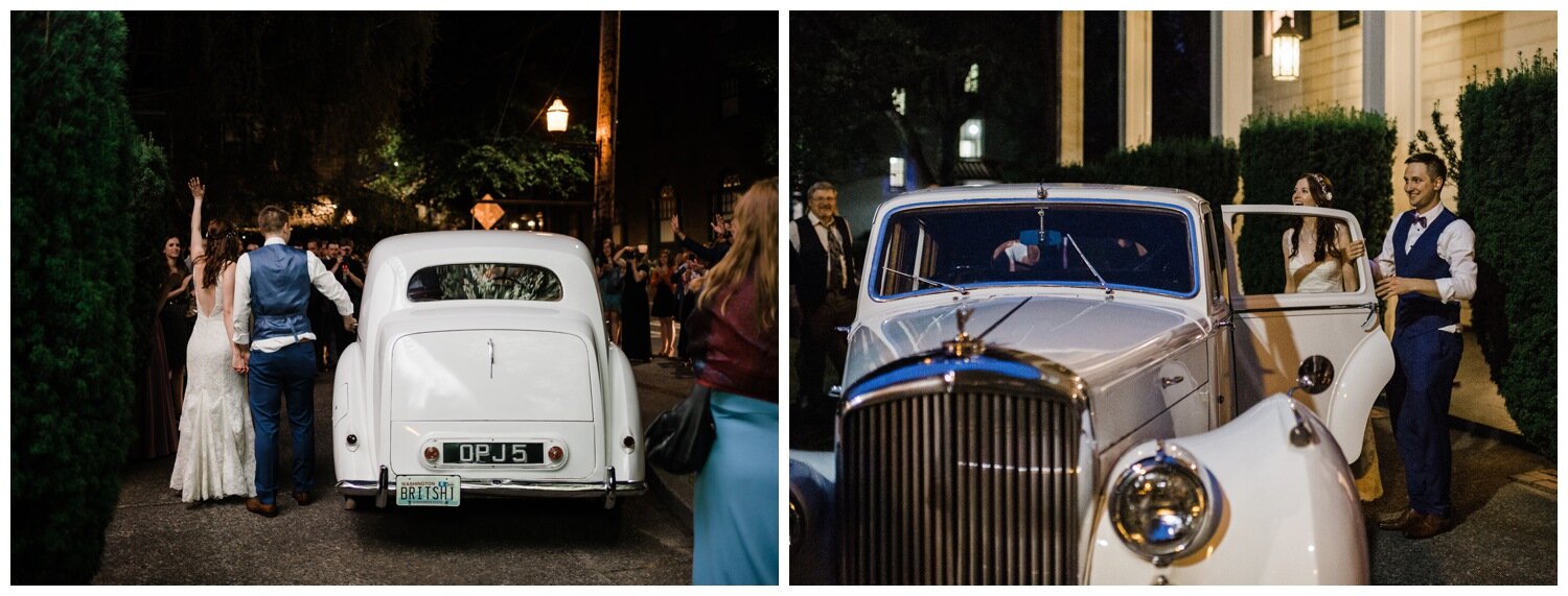 British Motor Coach Wedding Getaway Car at the Rainier Chapter House 