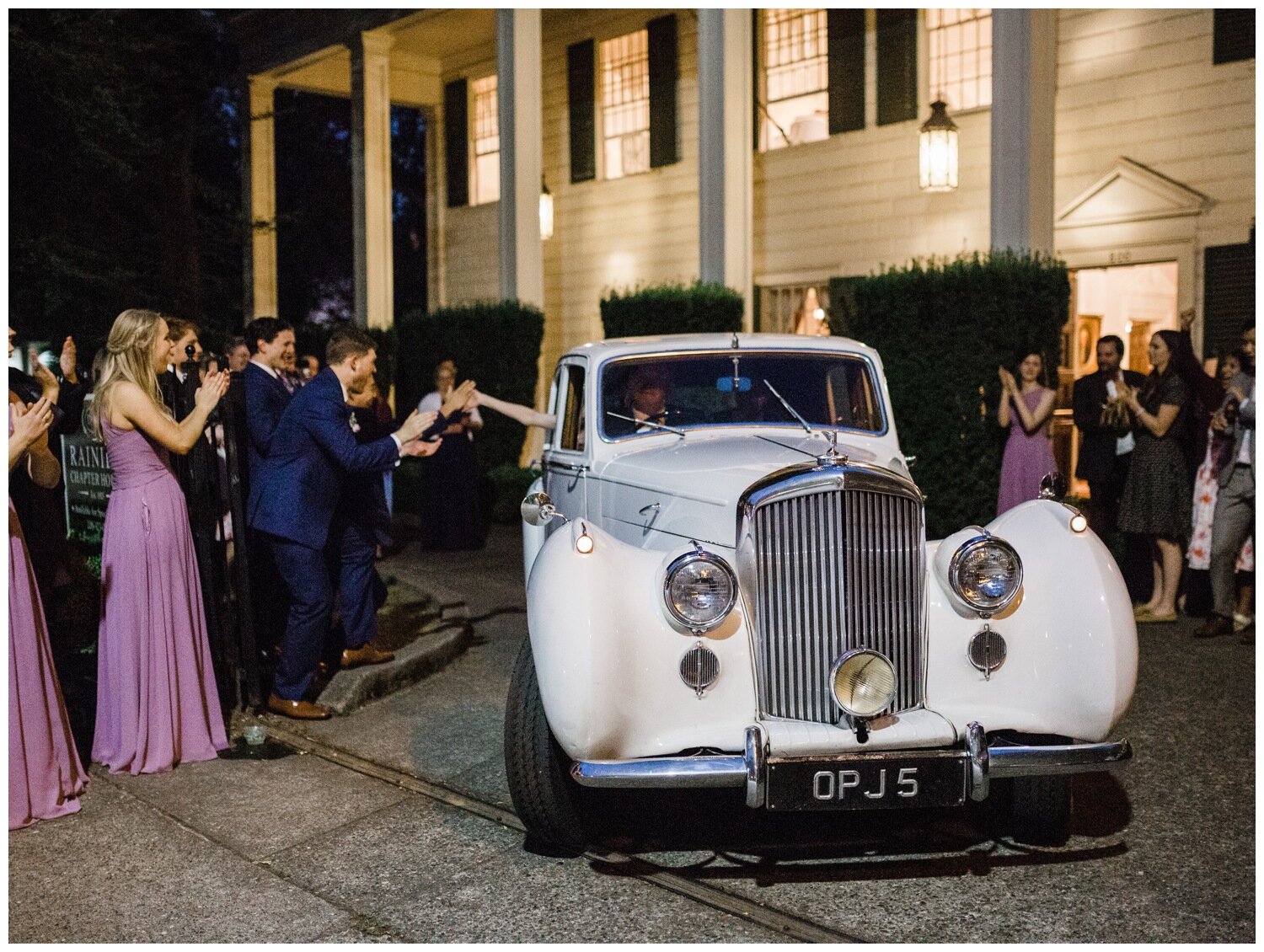 British Motor Coach Wedding Getaway Car at the Rainier Chapter House 