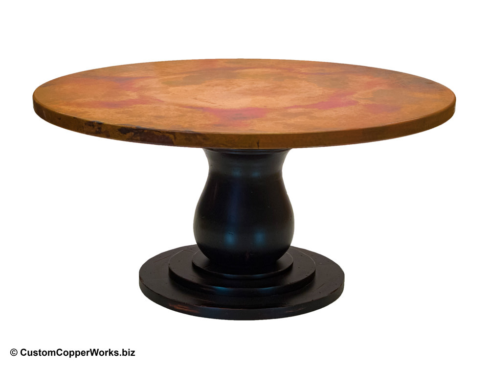 Hammered Copper Top Round Dining Table Wood Single Pedestal Table Base 12