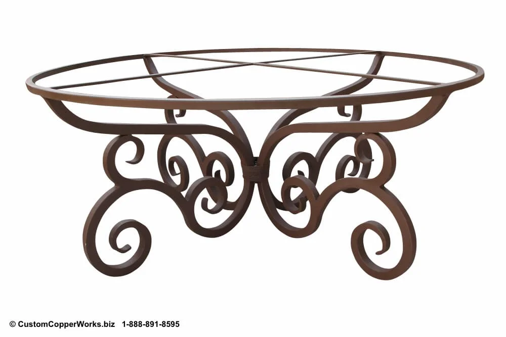    CONSUELA  , HAND-FORGED TABLE BASE MODIFIED FOR AN 84” ROUND COPPER TABLE TOP. THIS TABLE BASE WAS DESIGNED TO WITHSTAND THE OUTDOOR ELEMENTS. 