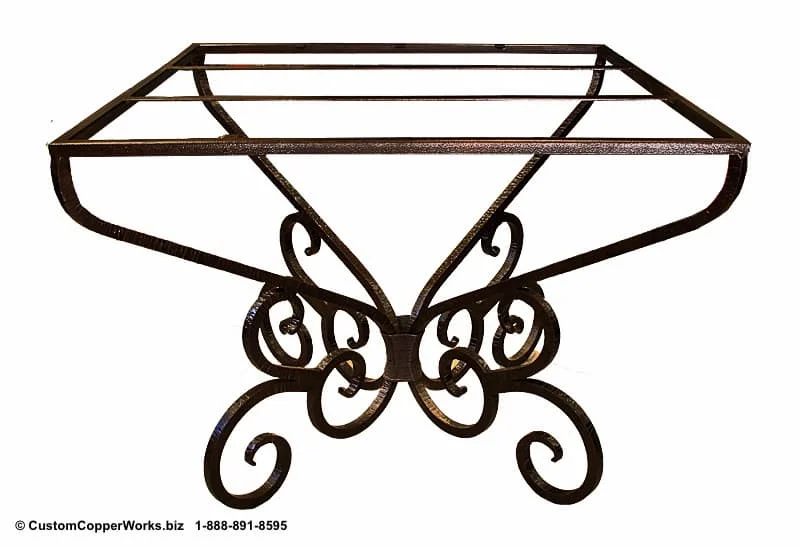    CONSUELA  , DOUBLE-FORGED, IRON TABLE BASE ADAPTED TO SQUARE COPPER TABLE TOP. FINISHED TABLE HEIGHT: 36”. #54 