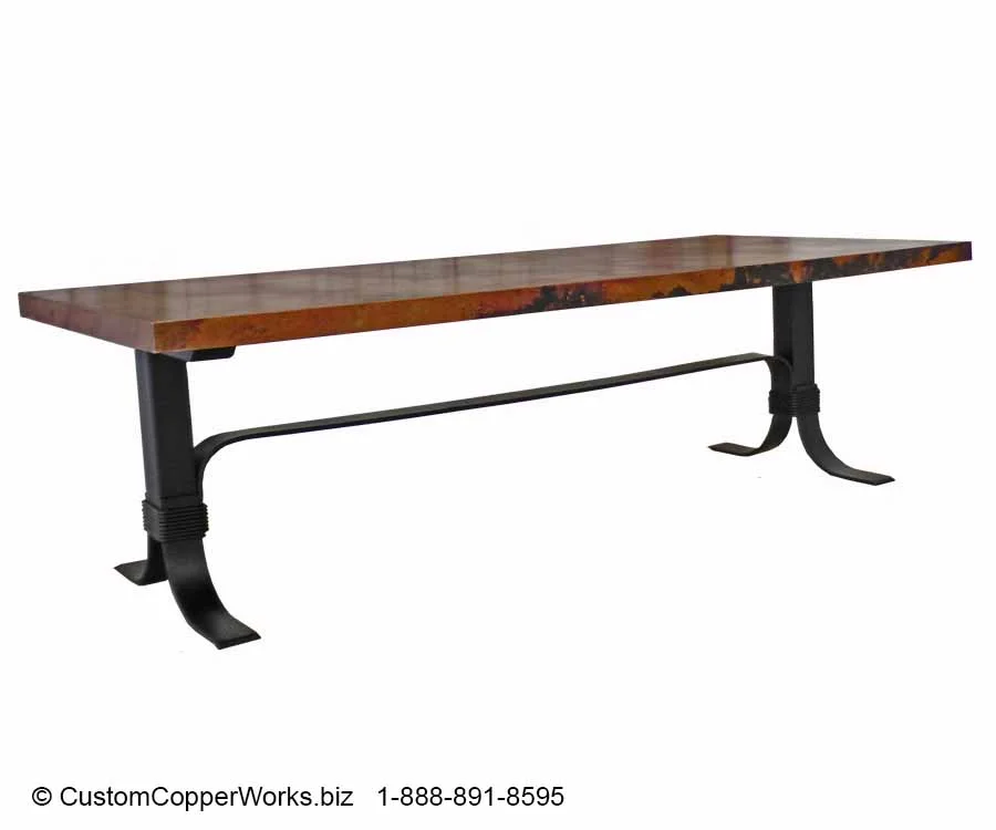 Copper Top dining table mounted on forged-iron, welded flat iron Industrial Chic table base.