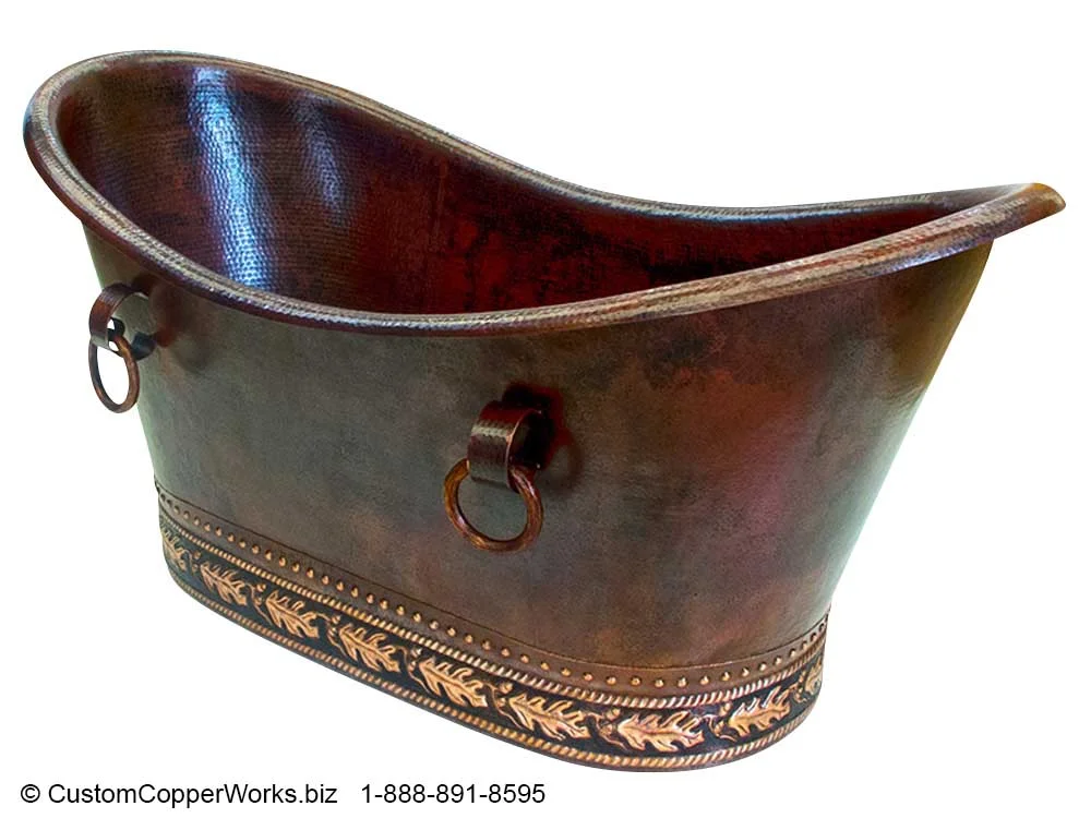Copper freestanding Slipper Tub — 67”L x 32”W x 31”H with embossed design. Click on image for larger view. CCW Design #107.