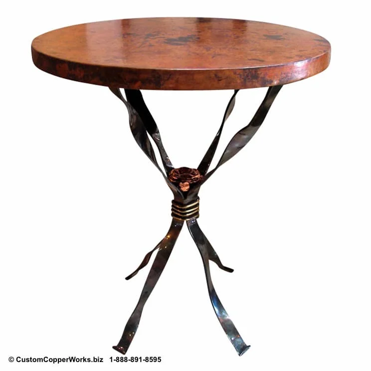 ROUND COPPER END TABLE: Hammered, Copper Table Top mounted on the Ribbon, Hand-forged Lorena Iron Base Accentuated with Copper Rose and Brass Adornment.