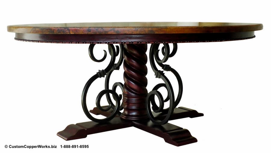 Copper Top Round Table Wood Forged, Round Wood Pedestal Table Base