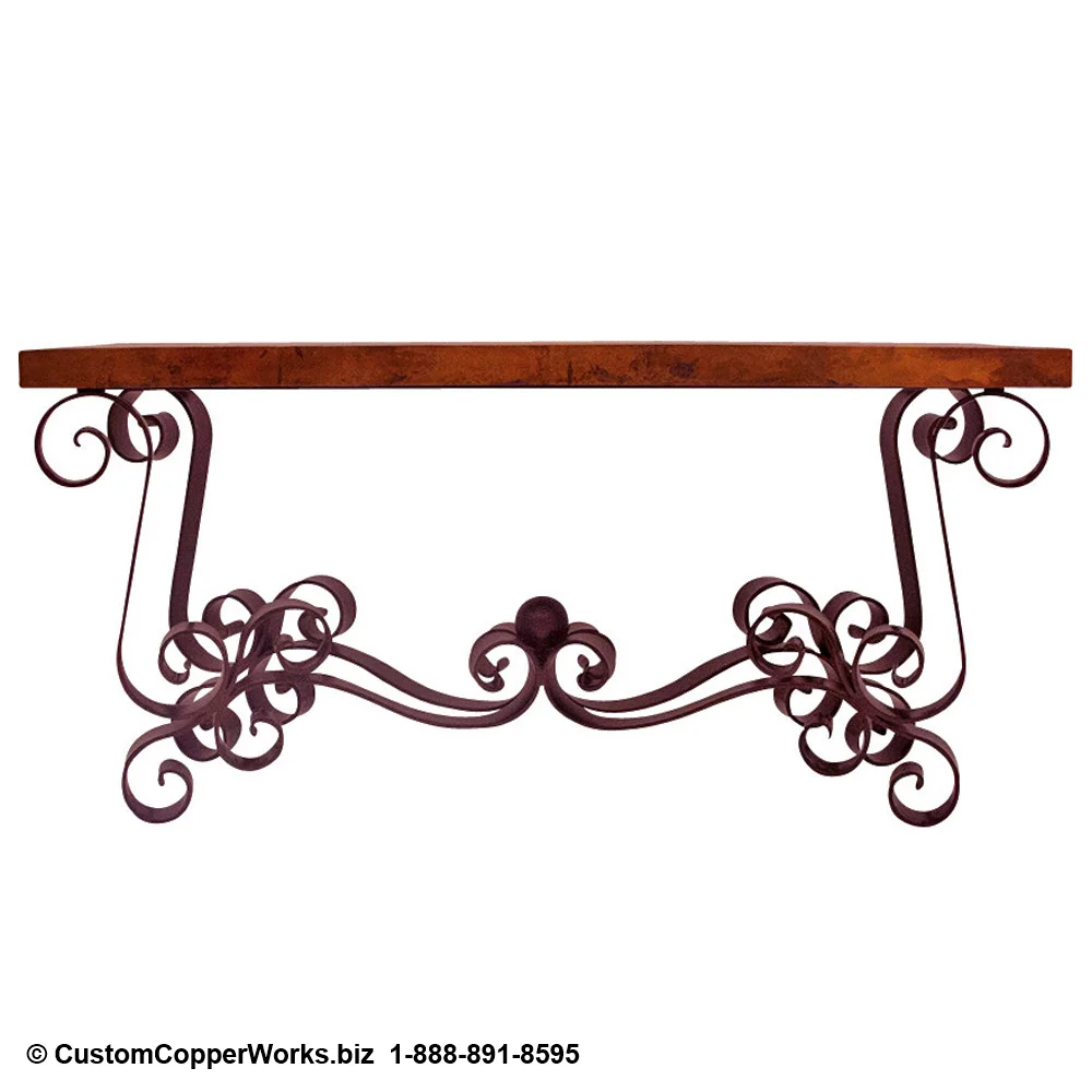2. Rectangle, hand-hammered, Copper Table Top; 105" x 52" x 3". Spanish Colonial curled forged-iron table base with matching Copper Table Top console table; end tables; coffee table.