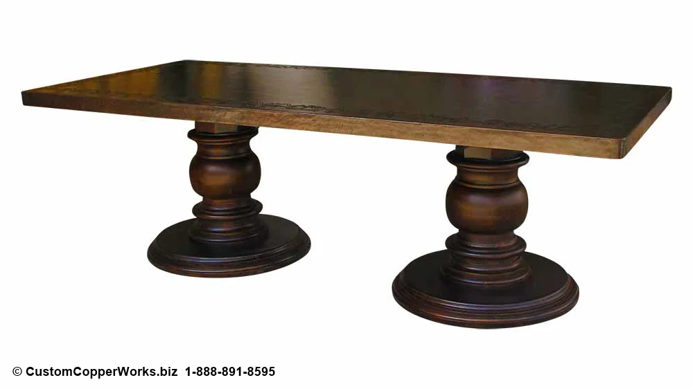 Hammered copper top table - 106” x 48”, dark brown copper patina, hand-embossing, double pedestal base.