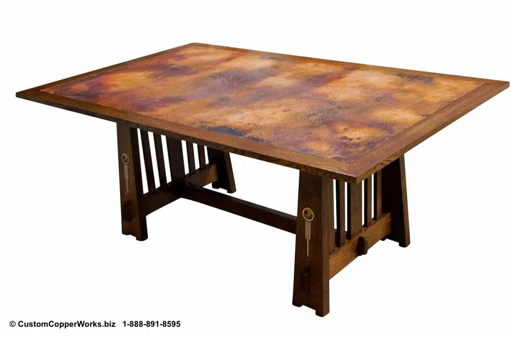 Copper top table, arts and craft wood trestle table base.