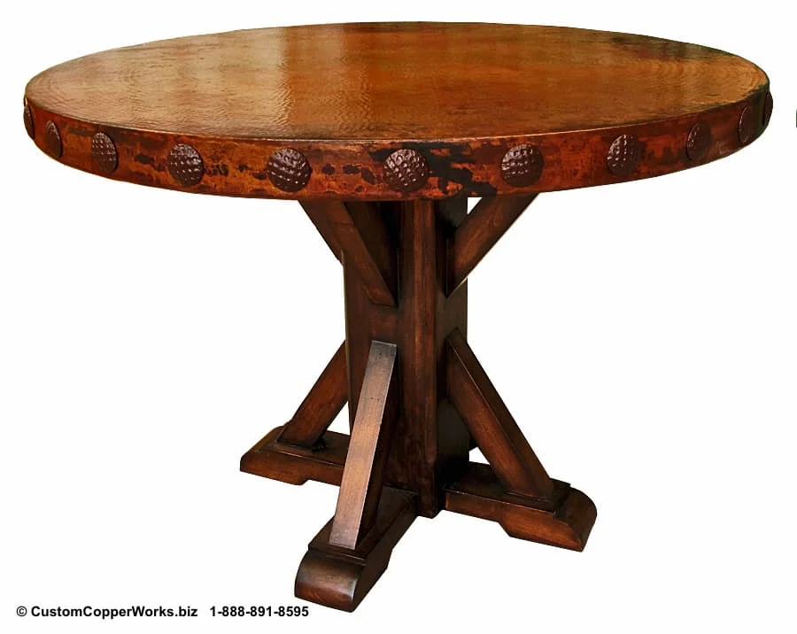 Hammered, Copper Top Dining Table Mounted on Carlota Oak, Pedestal Table Base with Decorative Conchas