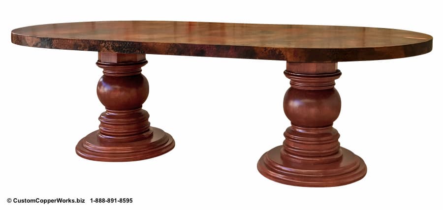 Copper Oval Top Dining Table Double, Double Pedestal Glass Top Dining Table