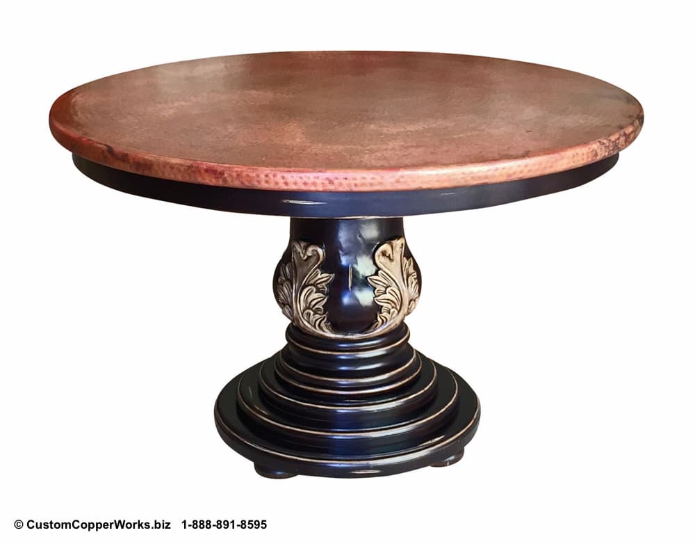 Hand Carved Wood Pedestal Table Base, Hammered Copper Top Round Dining Table