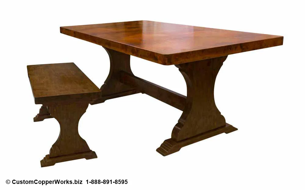COPPER TOP RECTANGLE DINING TABLE: Copper Table Top – 72 x 42 x 2.5 inches — wood, Country Rustic trestle table base with matching bench.