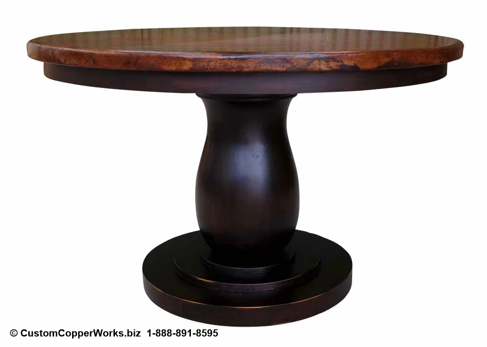 Copper Top Dining Table - 48” x 48” x 1.5” mounted on the Anna Single Pedestal Table Base with Attached Wood Apron.