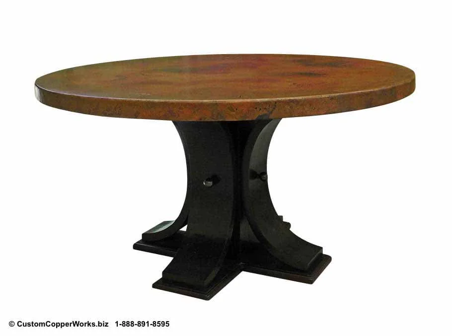 Hammered Copper Top Round Dining Table Wood Single Pedestal Table