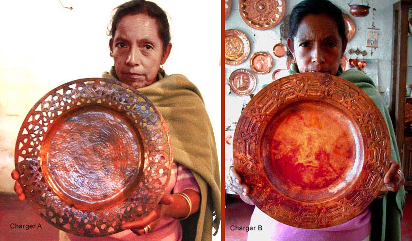   Santa Clara del Cobre hand-crafted, hammered COPPER CHARGERS by Roberto Castro Hernandes.  