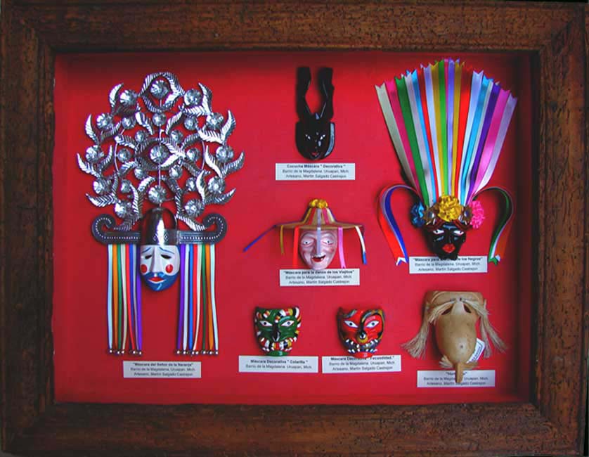 Don Victoriano Salgada Morales, featured in Great Masters of Folk Art , decorative Purépecha dance masks. Victoriano's masks are not painted, the process used for color is a highly superior technique called "maque", which is a pre-hispanic process involving numerous applications of natural earth and insect pigments and oils applied with the palm of the hand that hardens into a brilliant, lustrous surface.