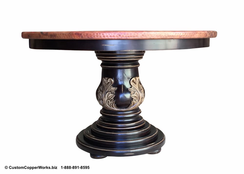 Copper Top Round Dining Table. Hand Carved Wood Pedestal Table Base (Copy)