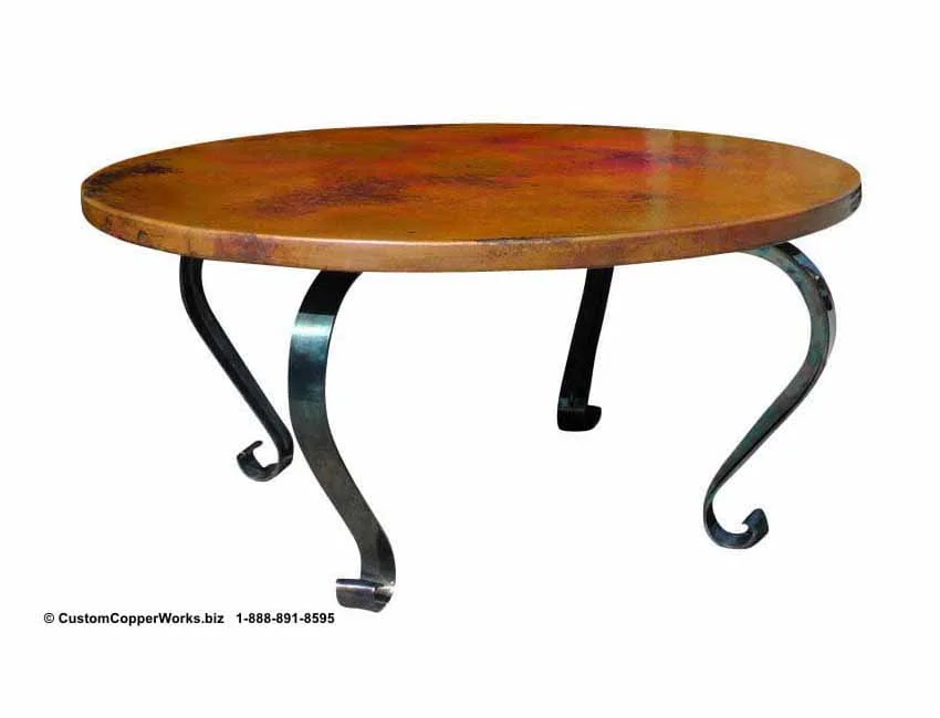 COPPER DINING TABLE: Hammered, Copper Round Table Top – 63” diameter - mounted on the Hand-forged, Lorena Iron Table Base.
