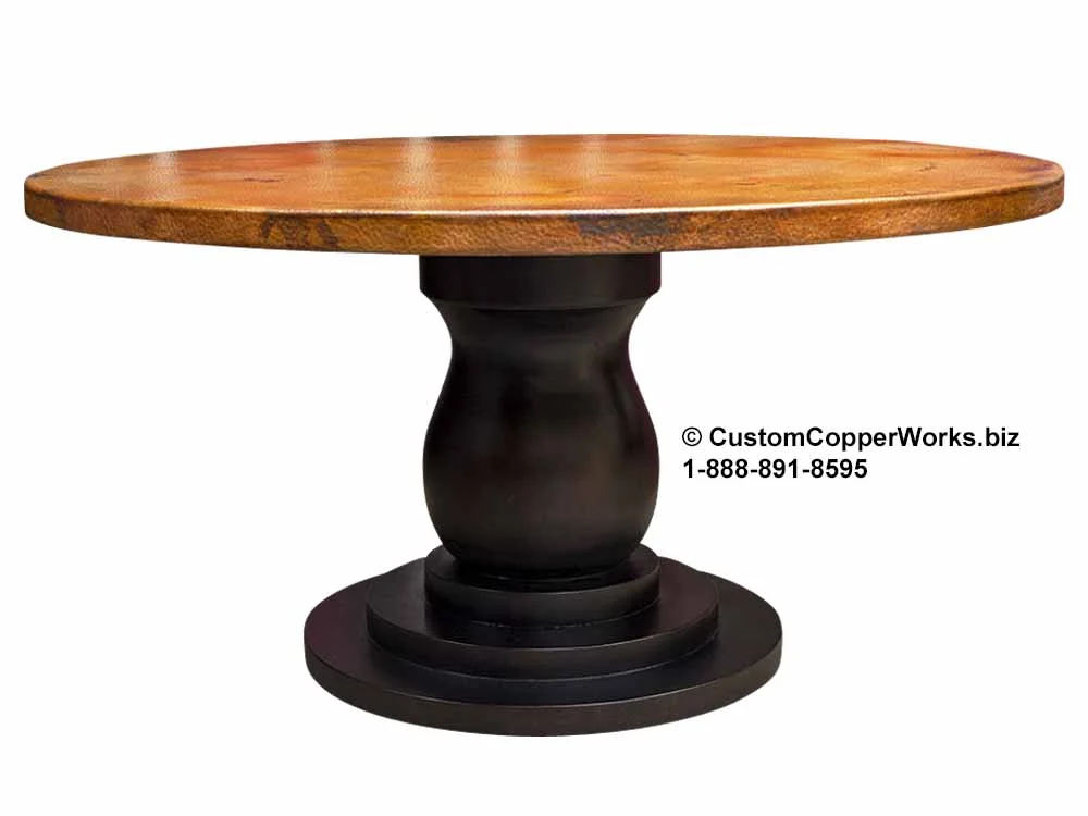 Hammered Copper Top Dining Table - 54″ round -- Anna Distressed Wood Single Pedestal Table Base.