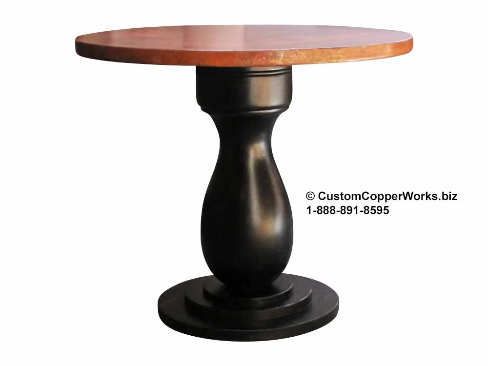 Hammered Copper Top Dining Table - 54″ round -- Anna Distressed Wood Single Pedestal Table Base.