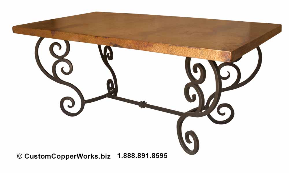 Hammered Copper Dining Table Top Mounted on a Trestle Style