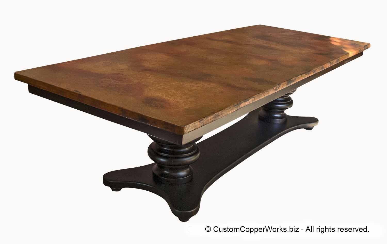 Hammered Copper Dining Table Top Mounted on a Trestle Style, Double  Pedestal Wood Table Base - 132