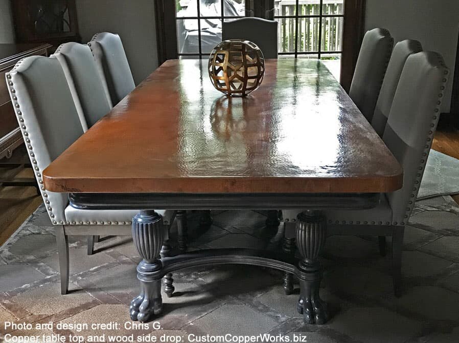 Hammered Copper Dining Table Top Mounted on a Trestle Style, Double  Pedestal Wood Table Base - 132