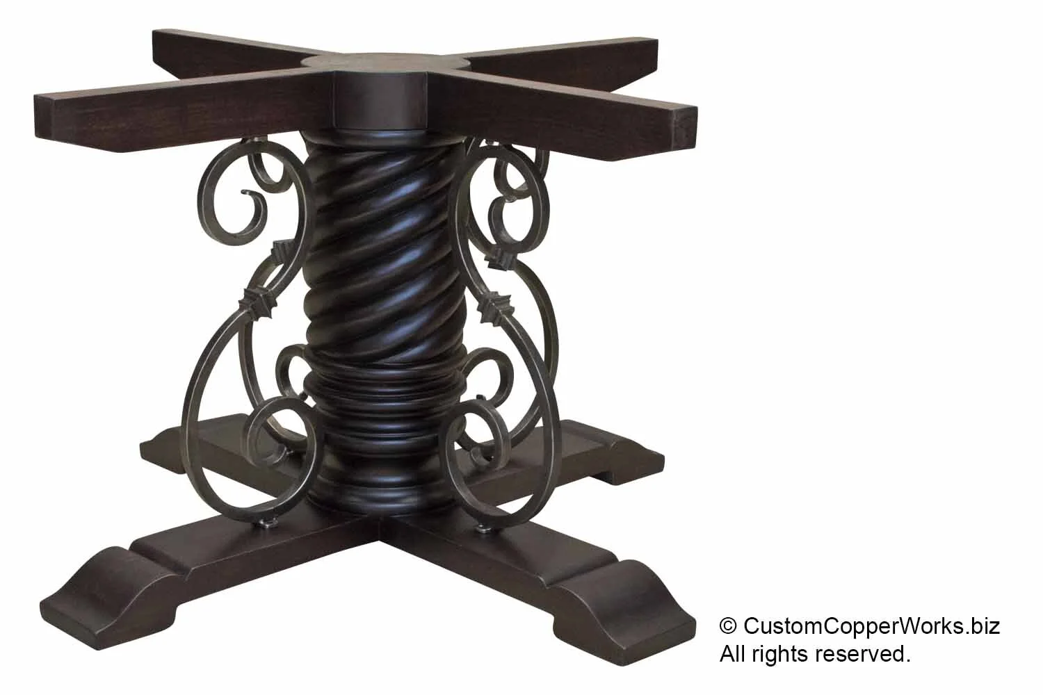   MIA  SWIRLED WOOD AND CURLED FORGED IRON TABLE BASE WITH ENGRAVED DETAIL. #136 