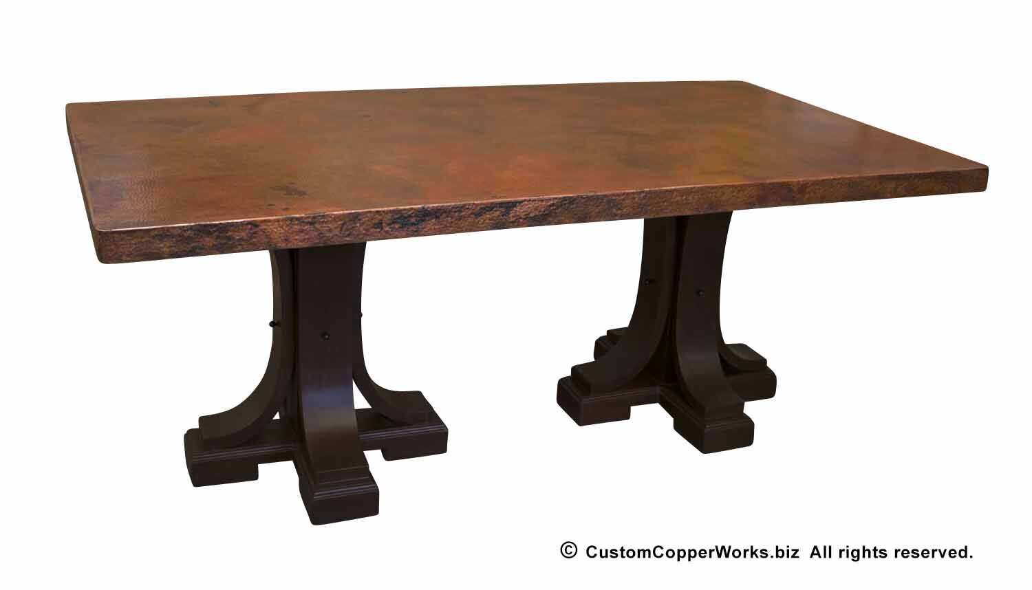 Hammered Copper Dining Table Top Mounted on a Trestle Style
