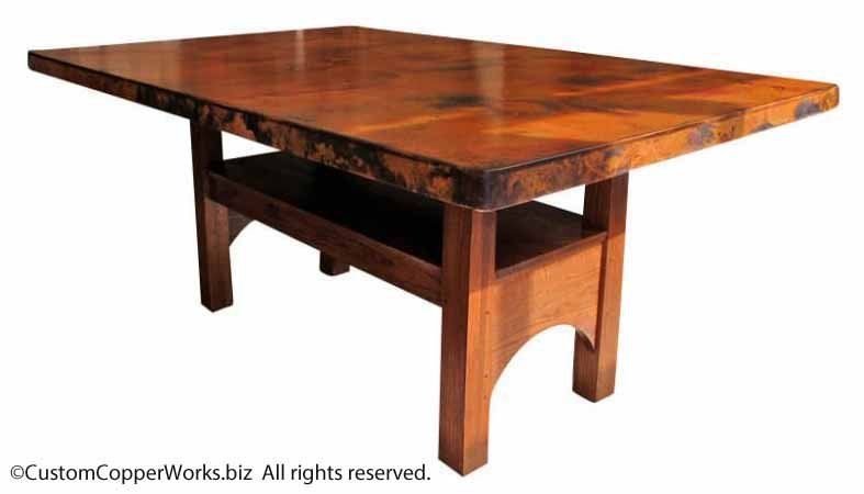 Copper Top Rectangle Dining Table Modern Contemporary, Oak, Counter-height, Trestle Table Base