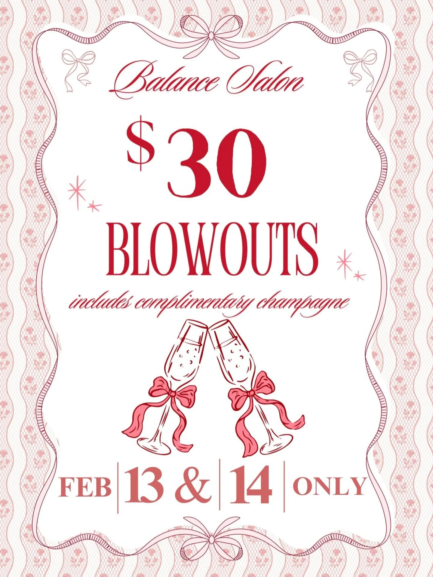 ✨ Because self-love should always come with bubbles and a perfect blowout 🥂
Join us Feb 13 &amp; 14 for $30 blowouts + complimentary champagne &mdash; a little treat to remind you how special you are. 💕

#ValentinesDayGlow#PamperYourself#BlowoutAnd