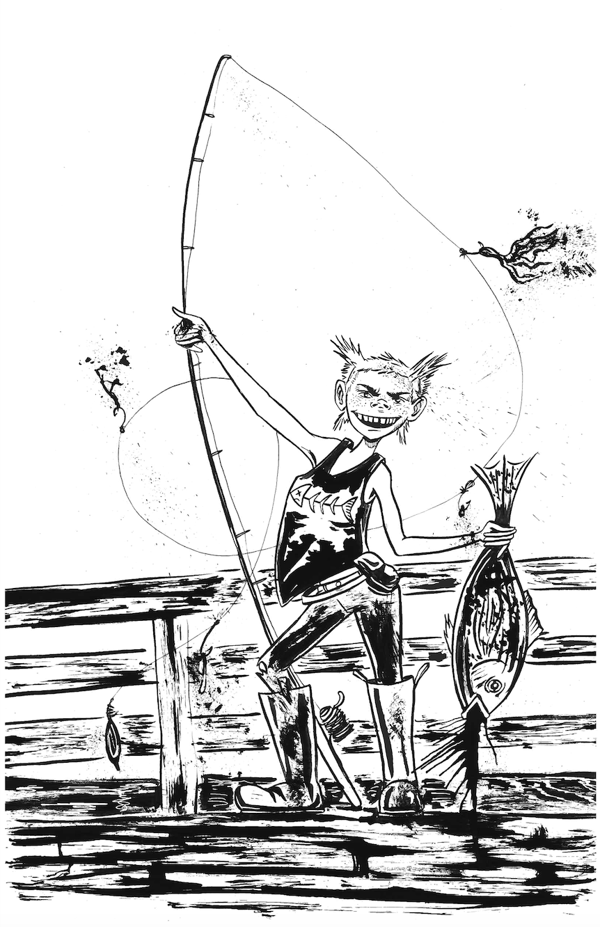 Fishing Pier Character $150 11x17 ink on paper.