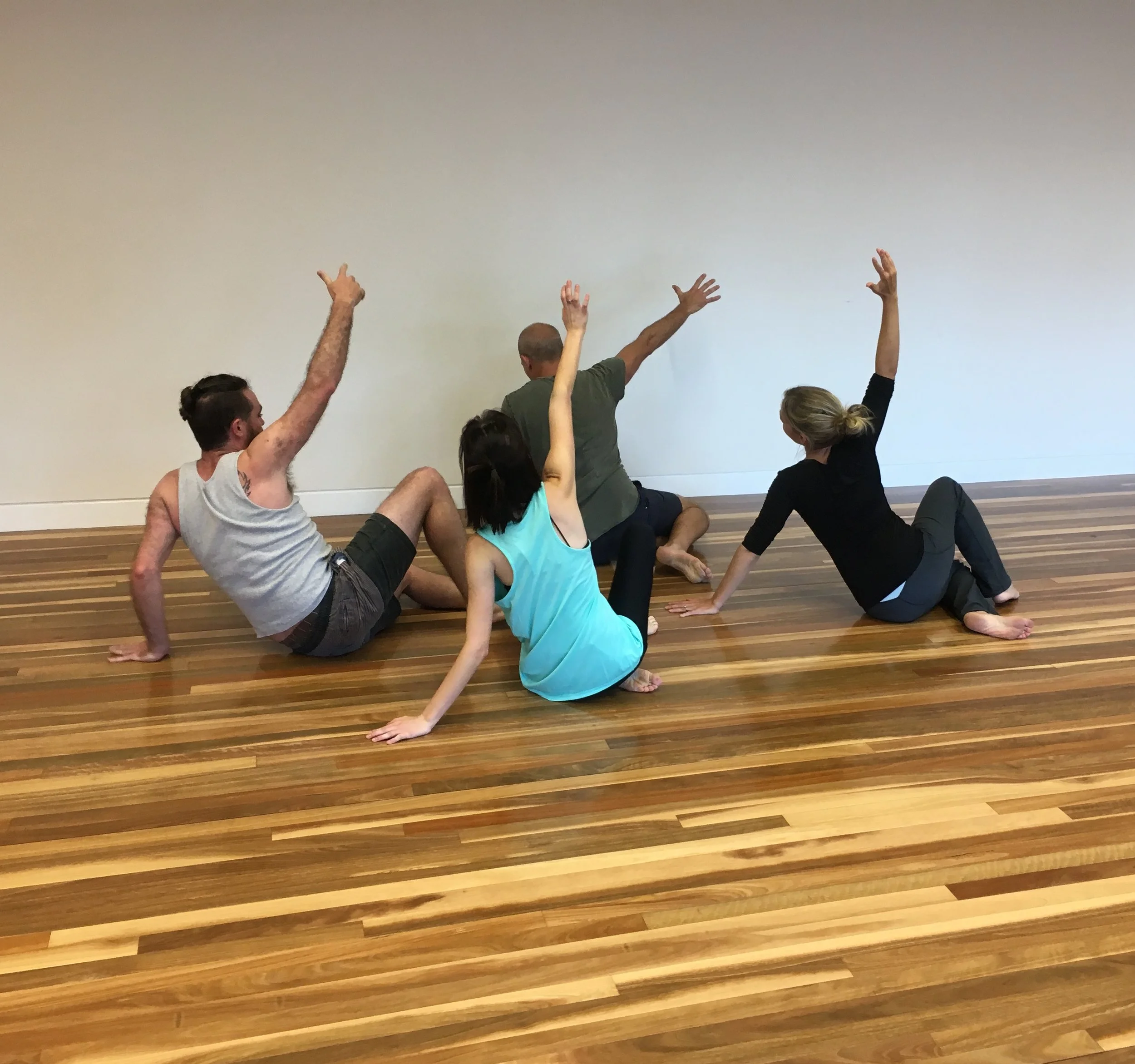 Exploring the idea of flocking - here James is leading just after Alina was leading the ensemble. The movement language improvised was purposefully very different with each new leader. 