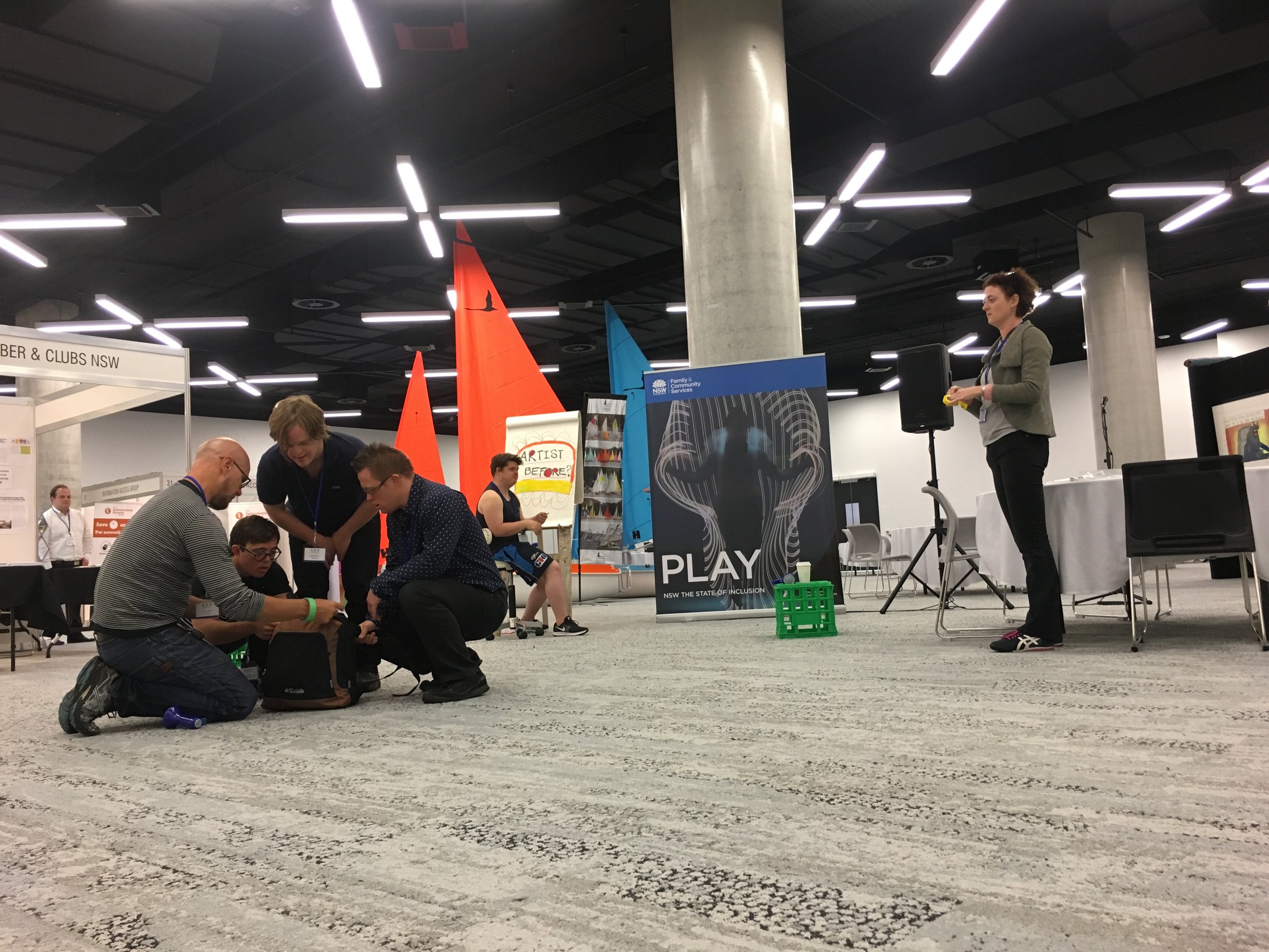 This is a photo of (from the left) Dean (grey jumper, glasses), Chris, James, Gerry, Digby (in the background next to the easle) and Alison going through the motions of the performance piece before getting into costume. 
