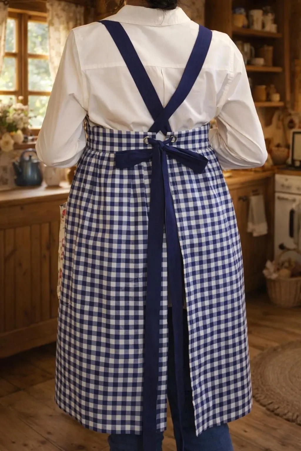Adjustable Tie Back Cotton Gingham Cottagecore Apron, Handmade Floral Pocket Apron, Vintage Style Kitchen Apron